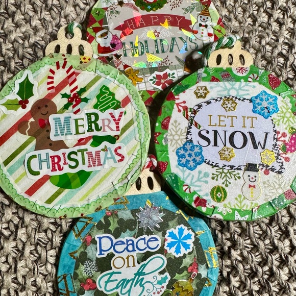 A set of 4 new unique handmade wooden 3x3” Christmas tree hanging ornaments $40 - Picture 1 of 13
